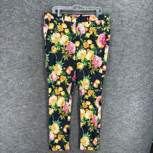 Asos Pants Women M Medium Black Floral High Rise Skinny Flat Front Chino Cotton - Picture 1 of 8